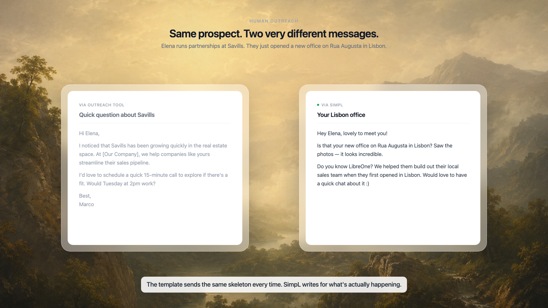 A template tool's first message next to SimpL's first message for the same prospect